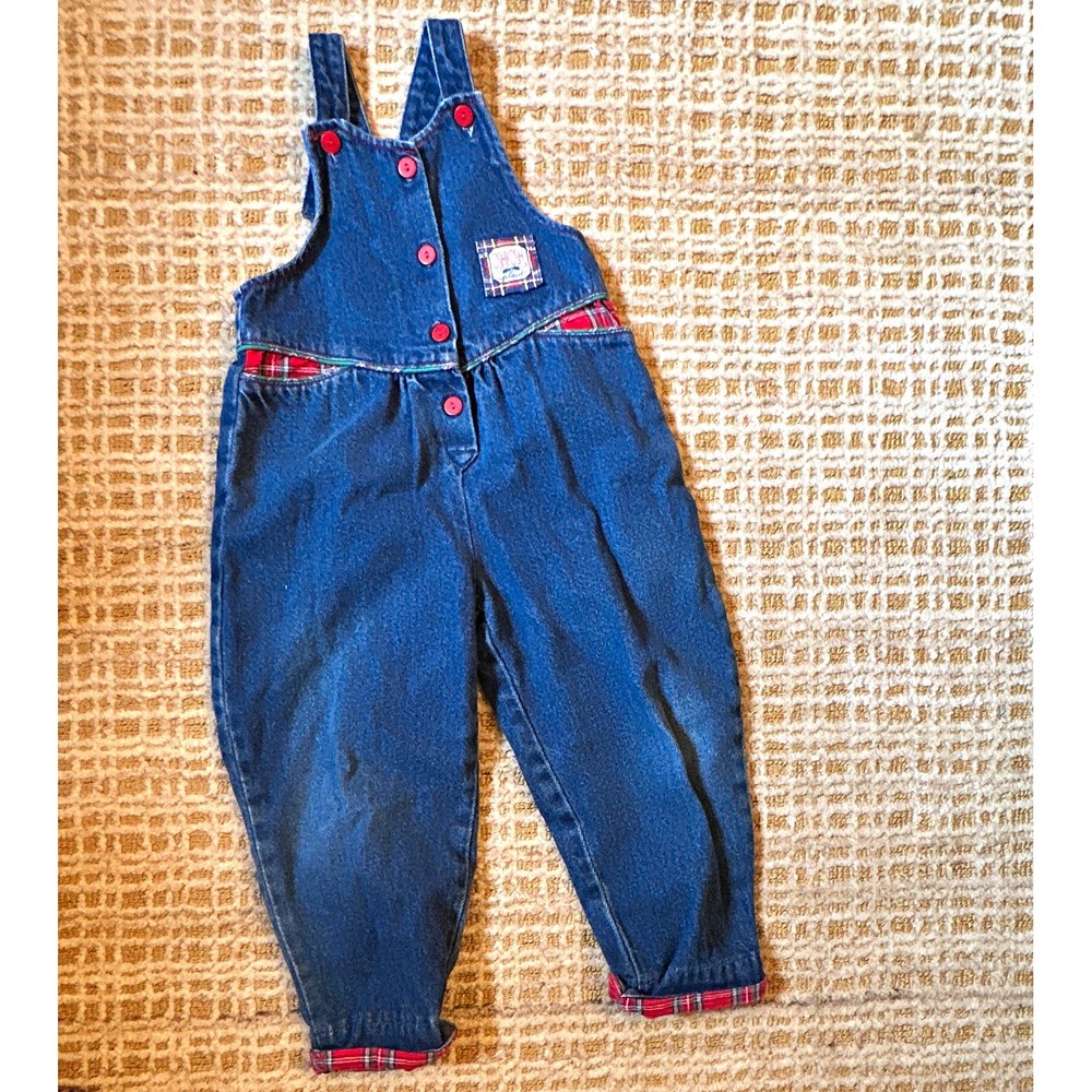 OshKosh B'gosh 4T Blue Denim Plaid Trim Vintage Jumpsuit Romper